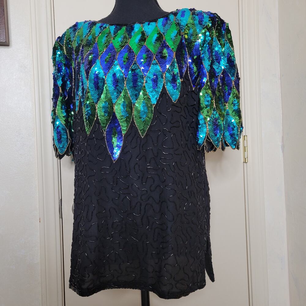 VTG Praise Hymn Fashions Pure Silk Sequin Beaded Green Blue Formal Blouse Top✨️M